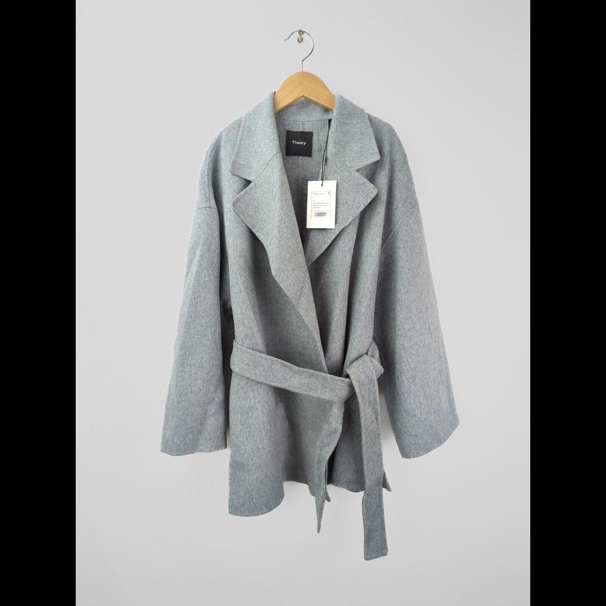 Nwt Theory Women's Sz M Blue Grey Melange Cashmere Blend Belted Robe Jacket Coat